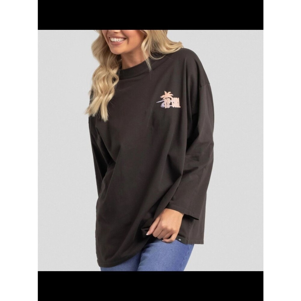 NWT Rip Curl Oversized Black Long Sleeve Cotton Tee Shirt Logo Surfer Beach XS